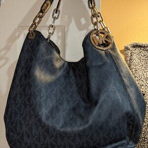 MICHAEL KORS FULTON SHOULDER HANDBAG NAVY BLUE LOGO SIGNATURE GOLD HARDWARE